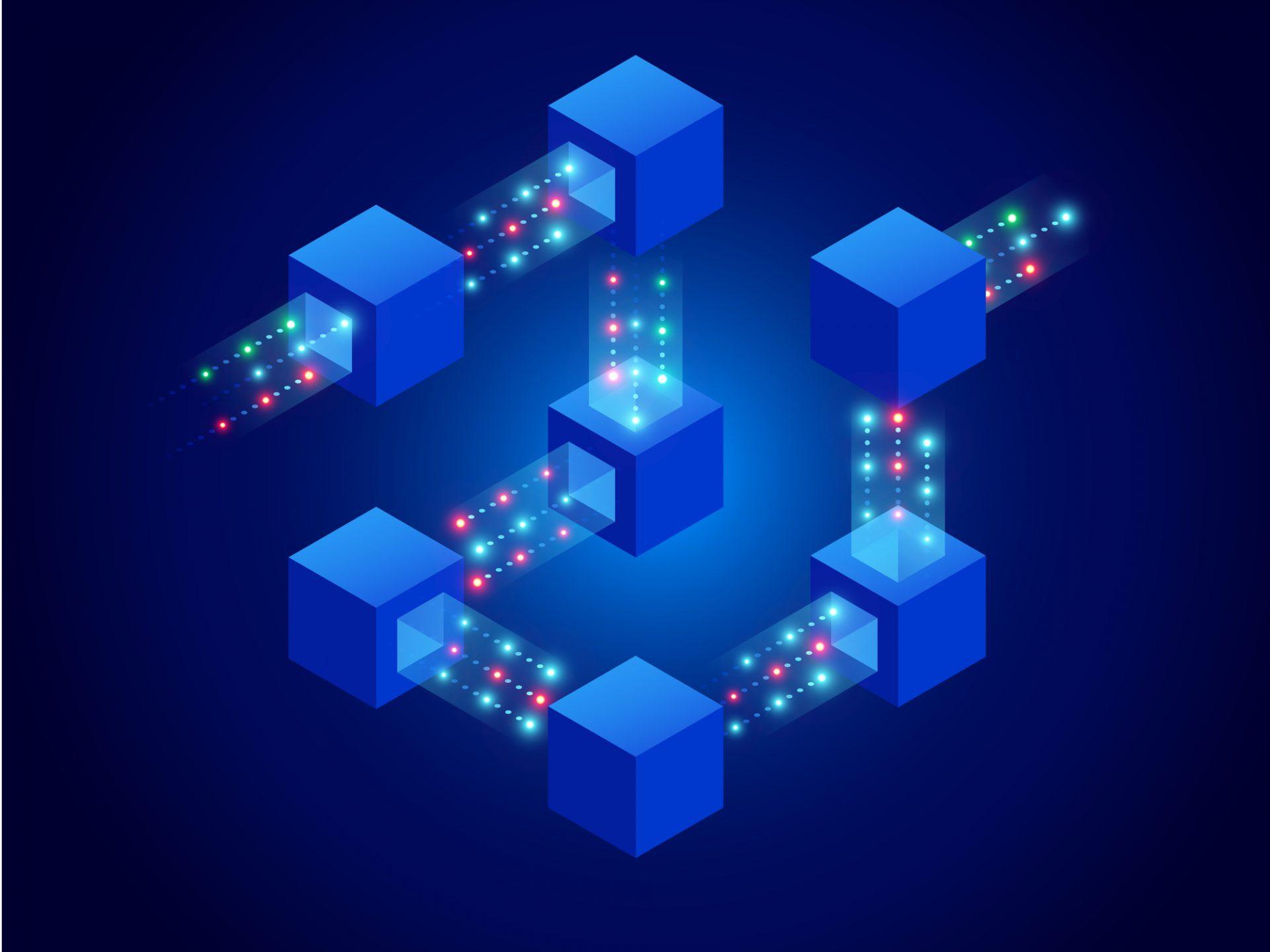Isometric concept of quantum computers, blockchain, IT technology or coding. Information blocks in cyberspace. Decentralized network. Vector illustration.